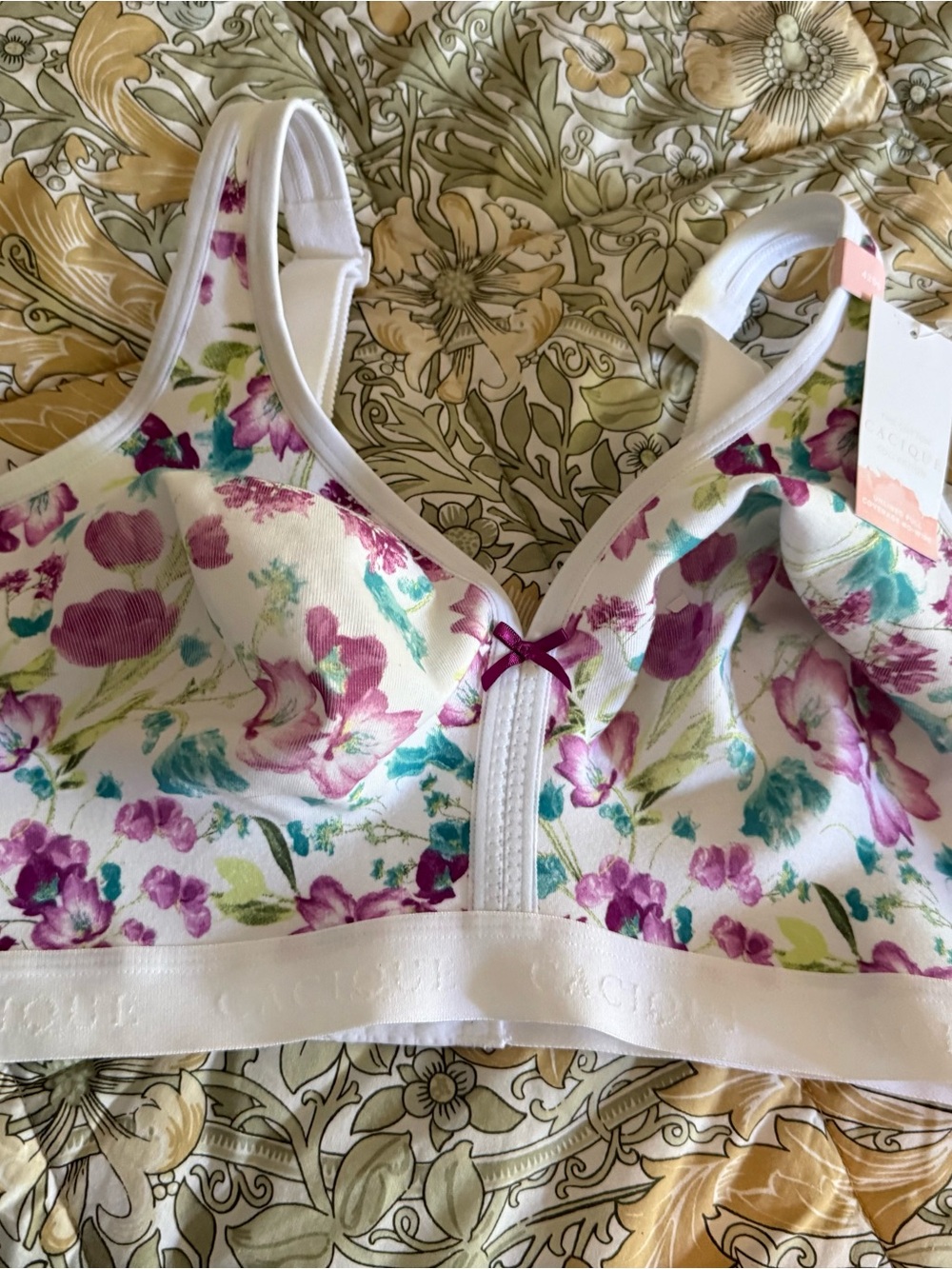 Cacique White Wireless Floral Comfort Bra with Pink & Teal Accents